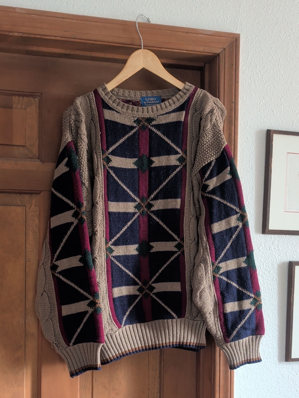 Vintage Pendleton Geometric Knit Sweater - Tan/Navy/Burgundy